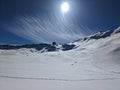 Ski tour with a view of the Spitzmeilen mountain in St. Gallen and Glarus. Ski mountaineering in the Swiss Alps. Skitour