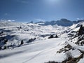 Ski tour with a view of the Spitzmeilen mountain in St. Gallen and Glarus. Ski mountaineering in the Swiss Alps. Skitour