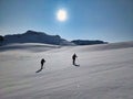 Ski touring group on the ascent to the summit on skis. On the glacier with a view of the Sustenhorn in the Bern Oberland