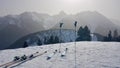 Ski touring at the Loischkopf , with sand in the air from a Sahara storm. Zimba in the background. Vorarlberg, Austria. Royalty Free Stock Photo