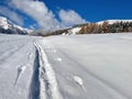 ski touring tracks in fresh snow going in snowy hill and forest Royalty Free Stock Photo