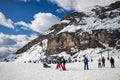 Ski tourists on the Sellaronda Tour in the Dolomites Royalty Free Stock Photo