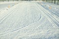 Ski track on snow. Ski track for skiing. Fresh snow in cold