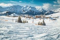 Ski tracks in the deep snow on the slope, France