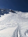 ski tracks on mountain bulenhorn monstein davos. beautiful deep snow descent in the snow. Ski touring in the mountains.