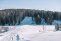 Ski trail in the forest. Traasa in the winter forest. The road for walking through the winter forest. Taiga in the winter. Tracks Royalty Free Stock Photo