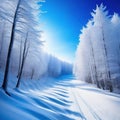 Ski trail in receding perspective in a snowy landscape with a blue