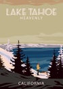 Ski Travel Resort Poster Vintage Lake Tahoe. California USA Winter Landscape Travel Card