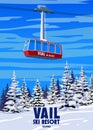 Ski Travel resort poster vintage Vail. Colorado USA winter landscape travel card