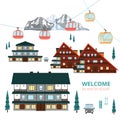 Ski Winter Resort .Wooden houses village .Vector Mountain