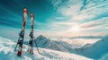 Ski in winter season, mountains and ski touring backcountry equipments on the top of snowy mountains in sunny day Royalty Free Stock Photo