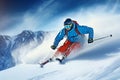 Skier skiing downhill in high mountains.Generative AI Royalty Free Stock Photo