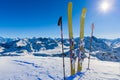 Skiing with amazing view of swiss famous mountains in beautiful winter snow Mt Fort. The matterhorn and the Dent d`Herens. In th Royalty Free Stock Photo