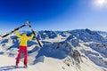 Ski in winter season, mountains and ski touring backcountry equipments on the top of snowy mountains in sunny Royalty Free Stock Photo