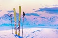 Ski in winter season, mountains and ski touring backcountry equipments on the top of snowy mountains in sunny