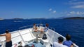 Skiathos, Greece - August 2023: Cruise ship ride at Aegean sea to Skiathos Island, Greece