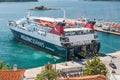 Skiathos, Greece. 15 June 2018: Helenic seaways ferry disembarks passengers and vehicles at Skiathos harbour