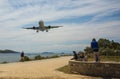 Plane coming in to land on Skiathos island in Greece