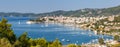 Skiathos island Greece port harbor city overview town panoramic view banner landscape Mediterranean Sea travel