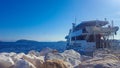 Skiathos island Skiathos in Greece. White ship in the harbor on the sea azure sea