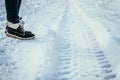 Fresh skid mark in the powder snow, outside in the winter