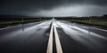 Skid marks on a rain-slicked road, contrasted against a dramatic, stormy backdrop, concept of Friction dynamics, created