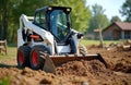 Skid steer loader clears land for construction project. Compact machine works in confined area. Small tractor has bucket loading Royalty Free Stock Photo