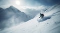 Skier on background of snow-covered mountain in rays of sun quickly descends. AI generated.