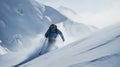 Skier on background of snow-covered mountain in rays of sun quickly descends. AI generated.