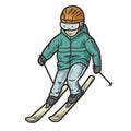 Skier child vector on top of a snowy mountain. Downhill skiing in winter mountains. Sporty skiing on a steep ski slope Royalty Free Stock Photo