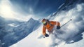 A skier descends at high speed on a snow-covered ski slope at a resort in an orange suit.