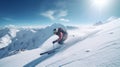 A skier descends at high speed on a snow-covered ski slope at a resort in an orange suit.