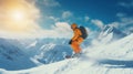 A skier descends at high speed on a snow-covered ski slope at a resort in an orange suit.