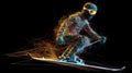 Skier descends from mountains, graphic abstraction, black background. AI generated.