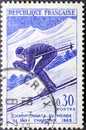 Skier at downhill in FIS Alpine World Ski Championships 1962 at Chamonix in Haute-Savoie