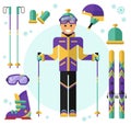 Skier with equipment