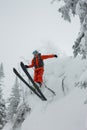 Skier freerider jumping from a snow ramp in the sun on a background of forest and mountains Royalty Free Stock Photo