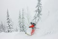 Skier freerider jumping from a snow ramp in the sun on a background of forest and mountains Royalty Free Stock Photo