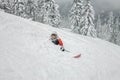 Skier freerider jumping from a snow ramp in the sun on a background of forest and mountains Royalty Free Stock Photo