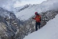 Skier freerides at the backlit resort, Tetnuldi, the Greater Caucasus Mountain Range, Upper Svaneti, Georgia, Europe