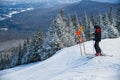 Skier getting ready downhill at Peak Mansfield at Stowe Mountain Resort, Vermont.