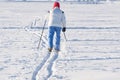 Skier goes on the track in the plain on a sunny winter day