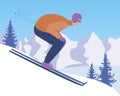 Skier going downhill skiing as extreme sport concept, flat vector stock illustration with sportsman in winter in mountains