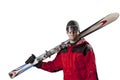 Skier holding a pair of skis Royalty Free Stock Photo