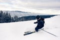 Skier inclining turning on snow-capped mountain peak. Extreme skiing concept. Mountains view. Grey sky on background.