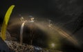 Skier jumping freestyle freerider at night in the snow. blur exposure