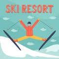 Skier jumping in the mountains with hand written lettering `Ski resort`.