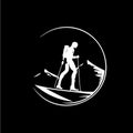 Skier logo template, mountain skis emblem, dotwork tattoo with dots shading, tippling tattoo. Hand drawing emblem on