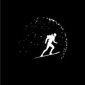 Skier logo template, mountain skis emblem, dotwork tattoo with dots shading, tippling tattoo. Hand drawing emblem on