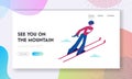 Skier Making Jump Website Landing Page. Athlete Man in Warm Clothes, Helmet and Glasses Jump Skiing. Winter Season Sport Royalty Free Stock Photo